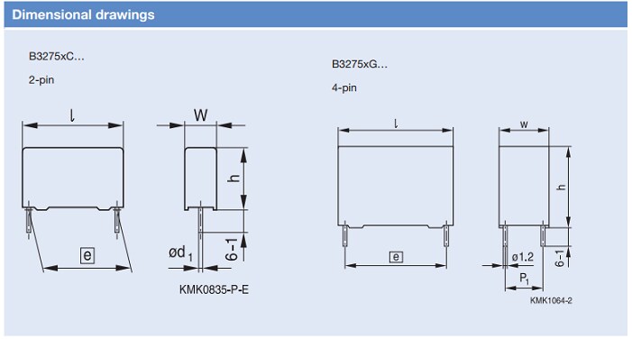 Technische Zeichnung - EPCOS / TDK B3275-Baureihe MKP-Folienkondensatoren